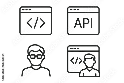 Modern Programming and Coding Web Icons Set in Line Style. Software Development, API, Code, Programmer, Developer, Information Technology, Web and Mobile App Vector Illustration.