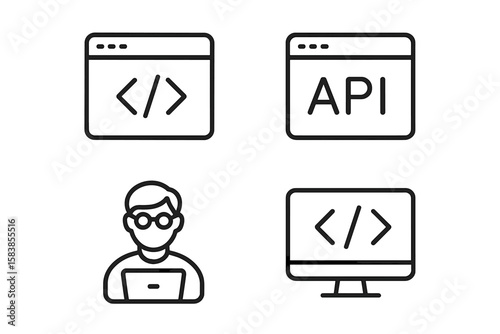 Modern Programming and Coding Web Icons Set in Line Style. Software Development, API Integration, Programmer, Developer, Information Technology, Web and Mobile App Design Concepts