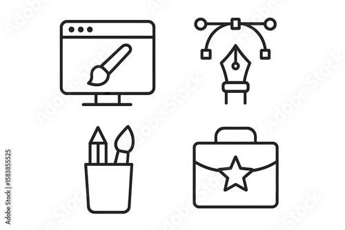 Modern Graphic Design Web Icons Set. Line Style Vector Collection of Digital Art, Creative Tools, Drawing, Portfolio, Creative Process for Web and Mobile Applications