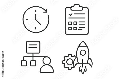 Project Management Line Icons Set: Time Management, Planning, Workflow, Startup Launch, Business Organization, Web and Mobile App, Minimal Outline Vector, Productivity Concept