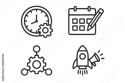 Project Management and Business Organization Line Icons Set. Time Management, Planning, Workflow Optimization, Startup Launch, Calendar Scheduling. Modern Web and Mobile App Design Elements.
