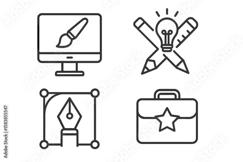 Set of 4 Linear Graphic Design Web Icons: Digital Art, Creativity Tools, Drawing, Portfolio, Creative Process, Vector Illustration for Web and Mobile Applications