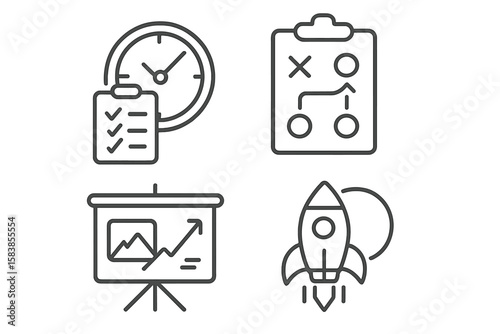 Project Management Icon Set. Linear Web Icons for Business Organization, Time Management, Planning, Strategy, Startup Launch, Productivity, Analysis, Growth, Success, Office Tools, Workflow