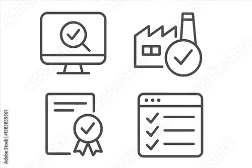 Quality Control and Assurance Line Icons Set: Inspection, Evaluation, Manufacturing, Certification, Checklist, Quality Management, Web and Mobile App Vector Illustration