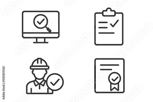 Quality Control and Assurance Line Icons Set. Inspection, Evaluation, Production, Certification, Quality Check Symbols for Web, Mobile App, Manufacturing, Engineering, Compliance, Audit, Approval