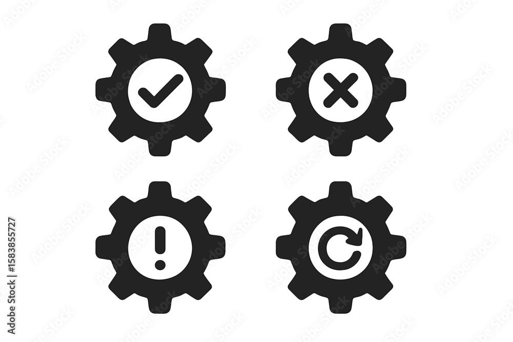 Obraz premium Settings Icon Set with Cogwheel Symbols Featuring Tick, Cross, Warning, and Sync Signs for App UI and Website Design, Transparent PNG and Vector Illustration