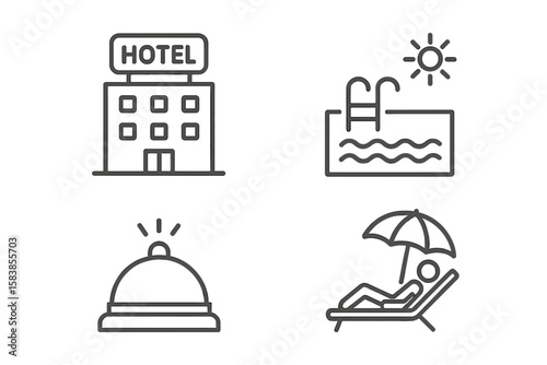 Hotel and Vacation Web Icons Set of 4 in Line Style, Vector Illustration for Mobile and Web Apps, Featuring Hotel Building, Pool, Reception Bell, and Relaxation Lounger, Travel and Leisure Concepts