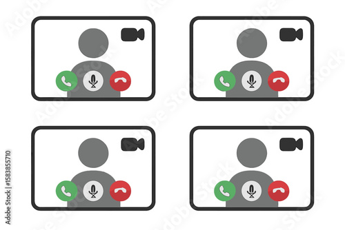 Set of 4 Video Call Icons and Video Conference Interface Buttons for Online Chat Apps, Internet Communication, User Interface Symbols, Web and Mobile UI Elements, Virtual Meeting Vector Template