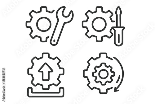 Settings and Setup Icons Collection: Line Style Web and Mobile App Symbols for Installation, Maintenance, Update, Download, and Configuration Processes