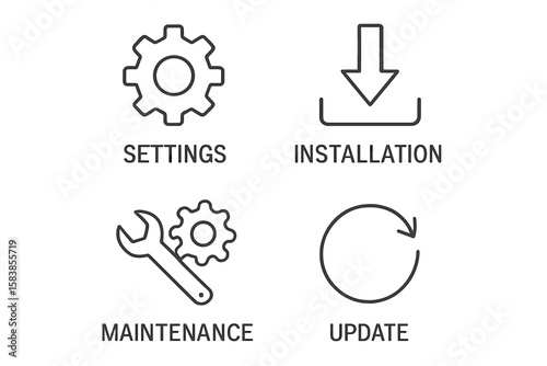 Set of 4 Line Style Web Icons for Settings, Installation, Maintenance, and Update – Configuration Tools, Download Symbol, Technical Support, System Preferences, App Setup, Vector Illustration