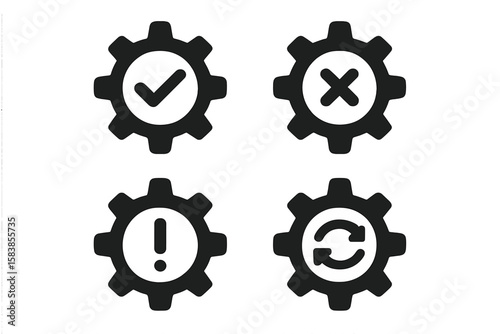 Settings Icon Set with Cogwheel Symbols Featuring Tick, Cross, Warning, and Sync Signs for App, UI, and Website Design – Transparent PNG and Vector Illustration