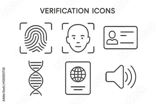 Biometric Verification and Identity Authentication Icons Set. Fingerprint, Face ID, ID Card, Voice Recognition, DNA Helix, Passport. Linear Web and Mobile Security Vector Illustration