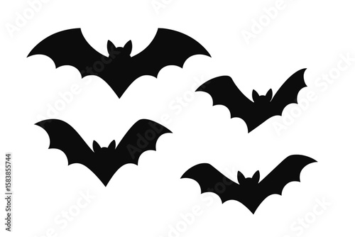 Black Bat Silhouette Vector Set. Flying Bat Icons Collection. Halloween Bat Clipart. Isolated Bat Shapes for Spooky Decor, Party Invitations, Stickers, Crafts, Transparent Background Illustration