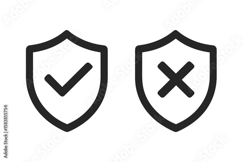 Shield Icon with Tick and Cross Marks, Protected and Not Protected Symbols for App UI, Website Design, Vector Illustration on Transparent Background, PNG Format