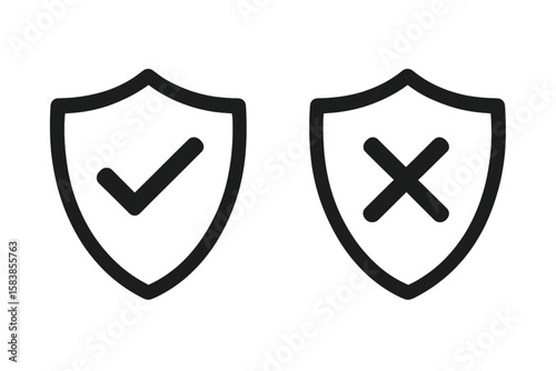 Security Shield Icons with Check Mark and Cross Symbol. Protected and Unprotected Status. Approval and Rejection Badge. Vector Outline for App, UI, Website, Transparent Background.