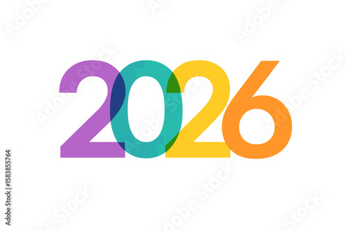 2026 New Year Vector Design. Overlapping Multicolor Numbers. Modern Minimalist Typography. Transparent Background. Perfect for Website, Poster, Banner, Calendar, Marketing Materials.