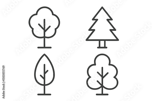 Minimalist Tree Outline Icon Set for Nature, Forest, and Eco Design Concepts. Simple Line Art Trees, Pine, Leaf, and Botanical Elements. Transparent Vector Illustration for Web, App, and Print.