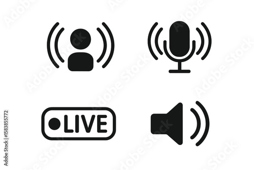 Minimalist Podcast and Live Audio Streaming Icons Set. Flat Vector Microphone, Speaker, Person, and Live Broadcast Symbols for App, Website, UI, Transparent PNG and Vector Illustration