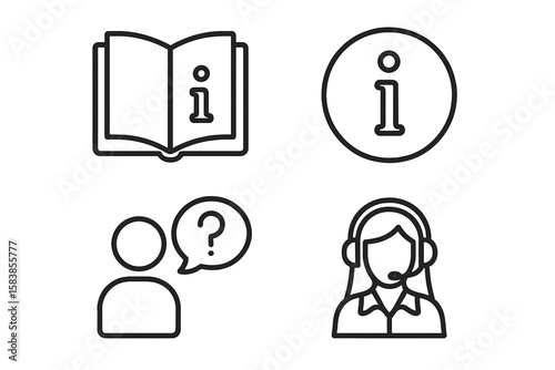 Set of 4 Information and Help Desk Icons in Modern Line Style. User Manual, Info Symbol, Customer Support, FAQ, Guidebook, Reference, Assistance, Web and Mobile App UI Elements