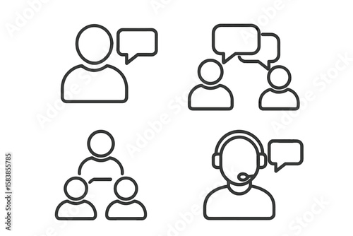 Communication and Teamwork Line Icons Set. Four Web Icons Depicting People Talking, Discussion, Speech Bubbles, Teamwork, Customer Support, and Group Communication Concepts