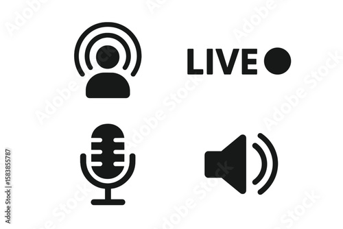 Simple Podcast Icons, Live Audio Streaming Symbols for App, Website, UI Design, Transparent PNG and Vector Illustration Set
