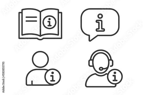 Set of 4 Information and Help Desk Line Icons for Web and Mobile Apps. User Manual, Guidebook, Reference, Customer Support, Info Symbol, Chat, Operator, Assistance, Outline Vector