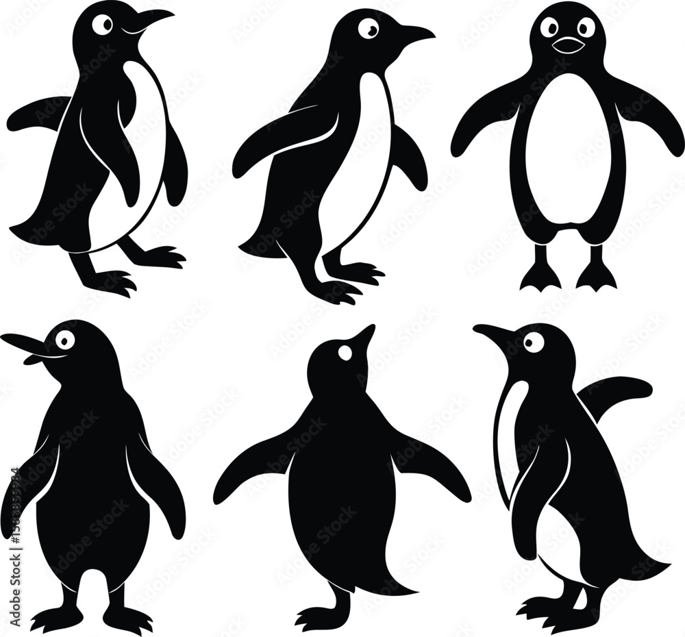 Naklejka premium Penguin Silhouette Set – Antarctic Bird Vector Collection in Walking and Standing Poses