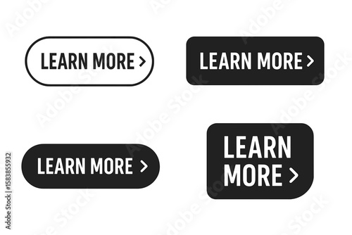 Modern Learn More Web Buttons Set. Call to Action Button Collection for Website, Banner, Sticker, Label, UI/UX Design. Trendy Read More Rounded and Square Shapes. Digital Information Template.