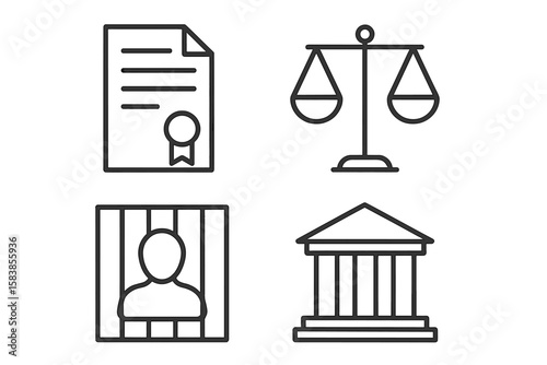 Linear Style Law and Justice Icons Set – Legal Document, Scales of Justice, Prisoner Behind Bars, Courthouse – Modern Web and Mobile App Vector Illustration