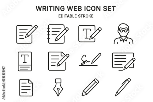 Writing and Editing Web Icon Set in Line Style, Copywriting Linear Icons Collection Including Write, Note, Edit, Writer, Text, Pen, Signature, Content Editing, Document, Nib