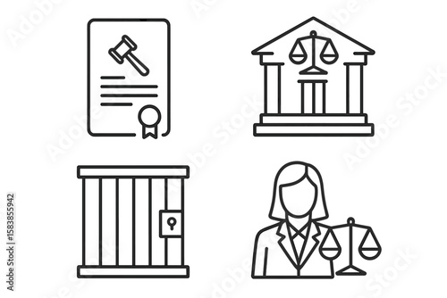 Linear Style Law and Justice Icon Set – Legal Documents, Court Building, Prison Cell, Female Lawyer, Scales of Justice – Web and Mobile App Design Elements