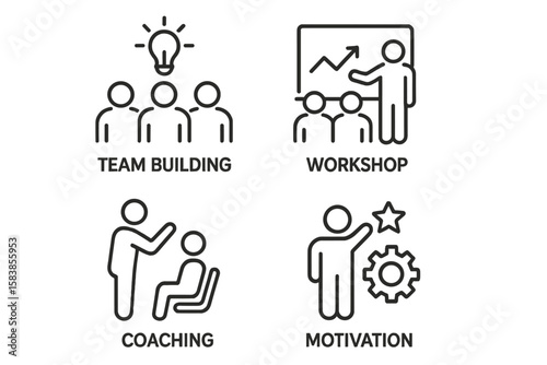 Business Team Building, Workshop, Coaching, Motivation Icons Set. Line Style Vector Illustration for Web, Mobile App, Training, Leadership, Management, Employee Engagement, Corporate Development