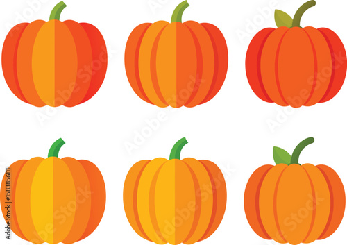 Six orange pumpkins with green stems and leaves autumn