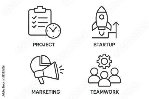 Project Management and Startup Business Icons Set. Linear Style Web and Mobile App Vector. Teamwork, Marketing, Planning, Organization, Startup Launch, Collaboration, Time Management