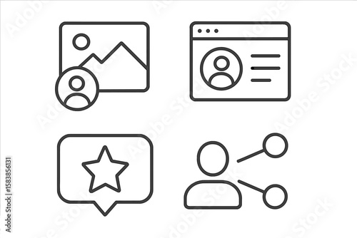 Minimalist Social Media and Web Line Icons Set. Profile, Website, Media, Marketing, Business, Social Network, User Interface Elements. Modern Vector Symbols for App, Web, Branding, Communication