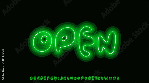 Neon open sign glowing in green light. Bold funky lettering opened signage for shop banners, nightlife decor, business posters. Urban lettering on black bg. Night club logo font. Vector illustration.