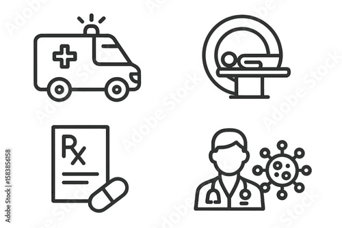 Medical and Healthcare Line Icons Set – Emergency Ambulance, MRI Scan, Prescription RX, Doctor and Virus Symbol – Modern Web and App Vector Illustration