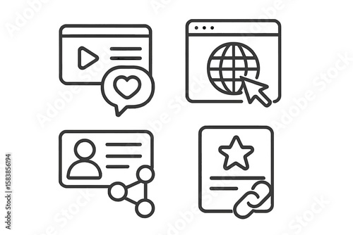Minimalist Social Media and Web Icons Set – Line Style Vector Illustration Featuring Website, Profile, Marketing, Sharing, Favorite, Like, Communication, and Networking Concepts