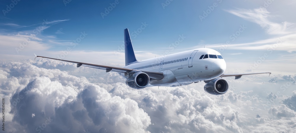 The airplane soaring above fluffy clouds in a clear blue sky. The airplane soaring above fluffy clouds in a clear blue sky.
