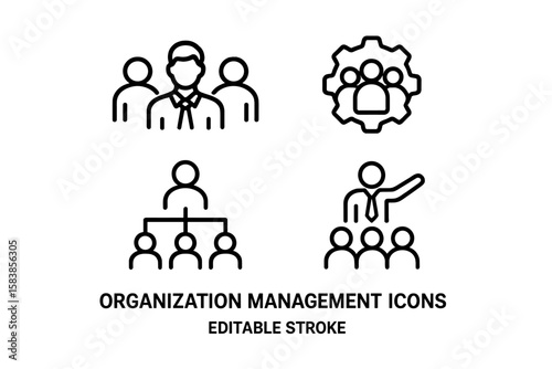 Organization Management Leadership Teamwork Hierarchy Line Icons Set. Human Resource Structure, Business People, Corporate Management, Employee Training, Group Collaboration, Editable Stroke