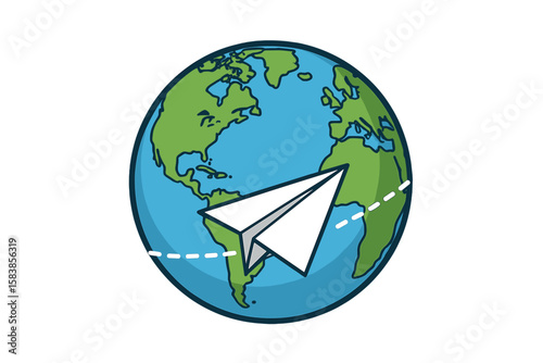 Paper Airplane Flying Around Globe, World Travel Journey, International Flight, Global Tourism Adventure, Earth Map, Airplane Trip, Travel Concept Vector Illustration, Worldwide Exploration