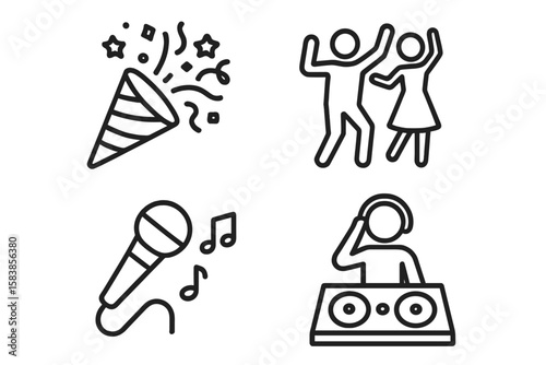 Set of 4 Party and Celebration Line Icons. Vector Web Icons Featuring Confetti, Dancing People, Karaoke Microphone, and DJ. Modern Outline Style for Event, Music, and Dance Party Concepts