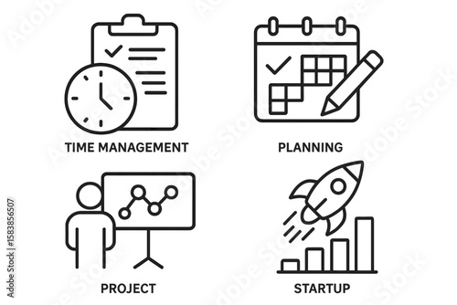 Business Project Management Icons Set: Time Management, Planning, Project Presentation, Startup Launch. Linear Style Vector for Web, Mobile App, Organization Workflow, Productivity, Strategy