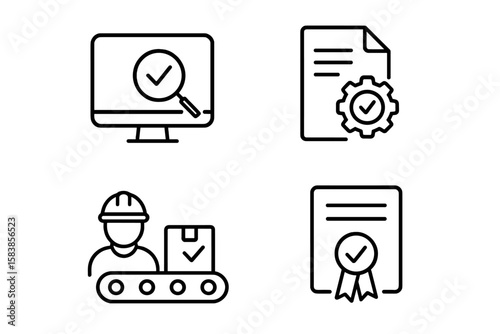 Quality Control and Assurance Icons Set. Line Style Vector Illustrations for Inspection, Evaluation, Production, Certification. Quality Check Symbols for Web, Mobile Apps, Manufacturing, Compliance