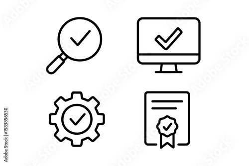 Quality Control and Assurance Icons Set. Line Style Vector Illustrations of Inspection, Evaluation, Production Process, Certification, Quality Check for Web, Mobile Apps, User Interface, Business