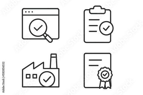 Quality Control and Assurance Line Icons Set. Inspection, Evaluation, Production, Certification, Quality Check Symbols for Web, Mobile App, Factory Audit, Compliance, Document Approval, Manufacturing