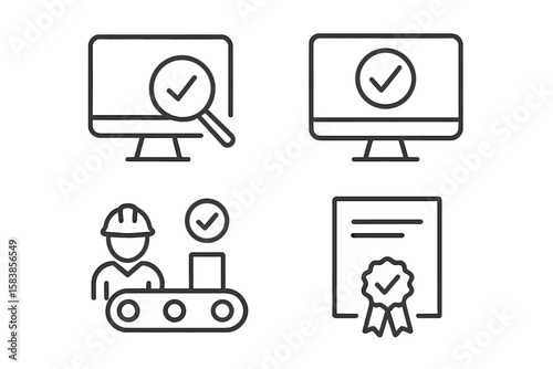 Quality Control and Assurance Line Icons Set. Inspection, Evaluation, Production, Certification, Quality Check Symbols for Web, Mobile App, Manufacturing, Industry, Process Management