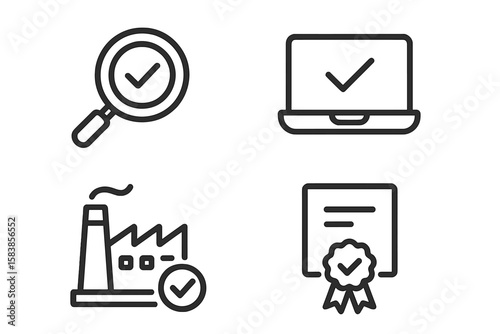 Quality Control and Assurance Line Icons Set: Inspection, Evaluation, Production, Certification, Check Mark Symbols for Web, Mobile Apps, Industry, Manufacturing, Compliance, Quality Management