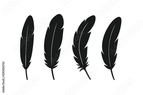 Set of 4 Black Feather Silhouettes in Flat Style, Bird Feather Vector Icons, Black Quill Feather Collection, Plumelet Isolated on White Background, Pen Feather Illustrations