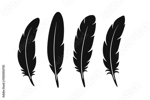 Black Feather Silhouette Collection. Set of 4 Flat Vector Bird Feathers. Quill Pen Icons. Isolated Plumelet Bundle for Design, Tattoo, Logo, Stationery, Nature Decor, Minimalist Art